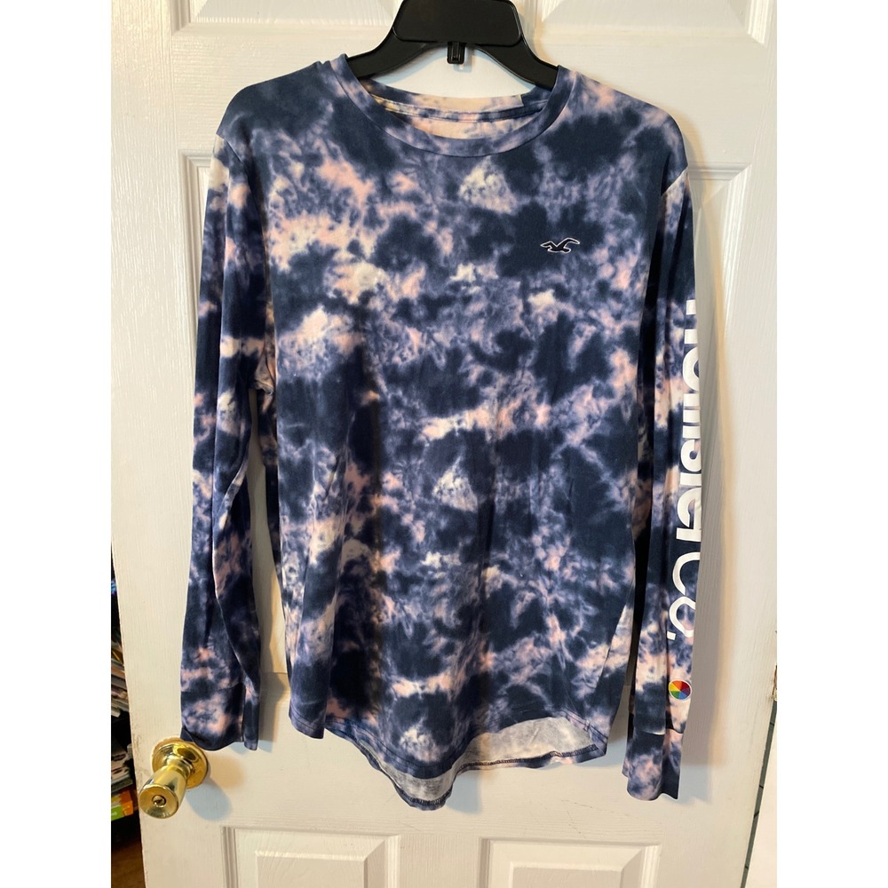 Hollister Mens Long Sleeve Tie Dye T-Shirt Blue Pink Cloud Wash Logo Medium